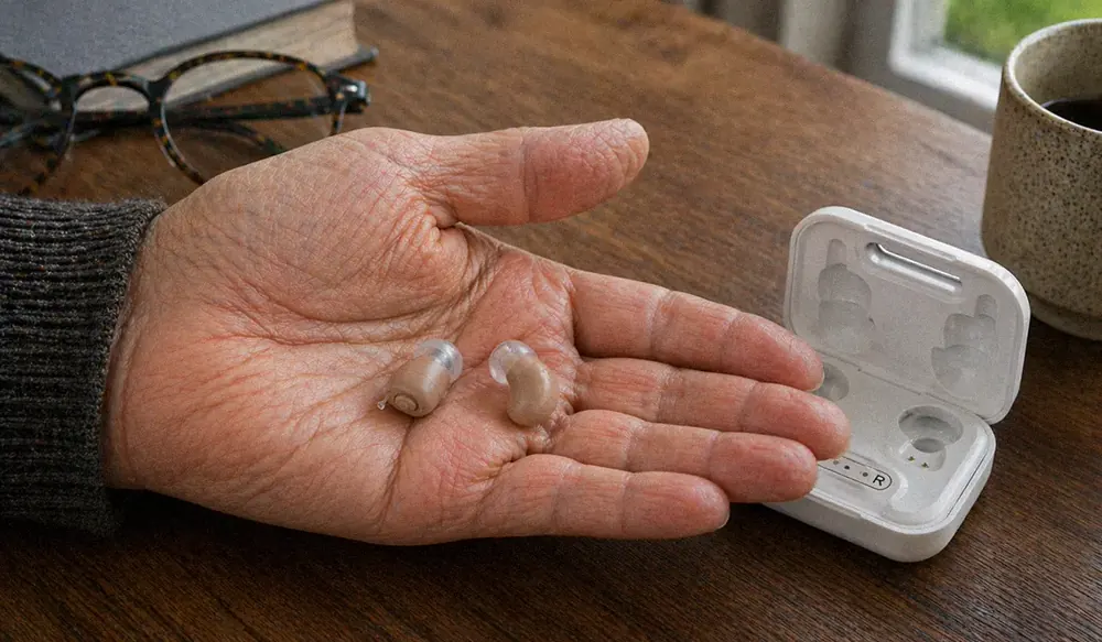 A pair of Clear Hearing hearing aids resting in an older person's palm, showing how small they are